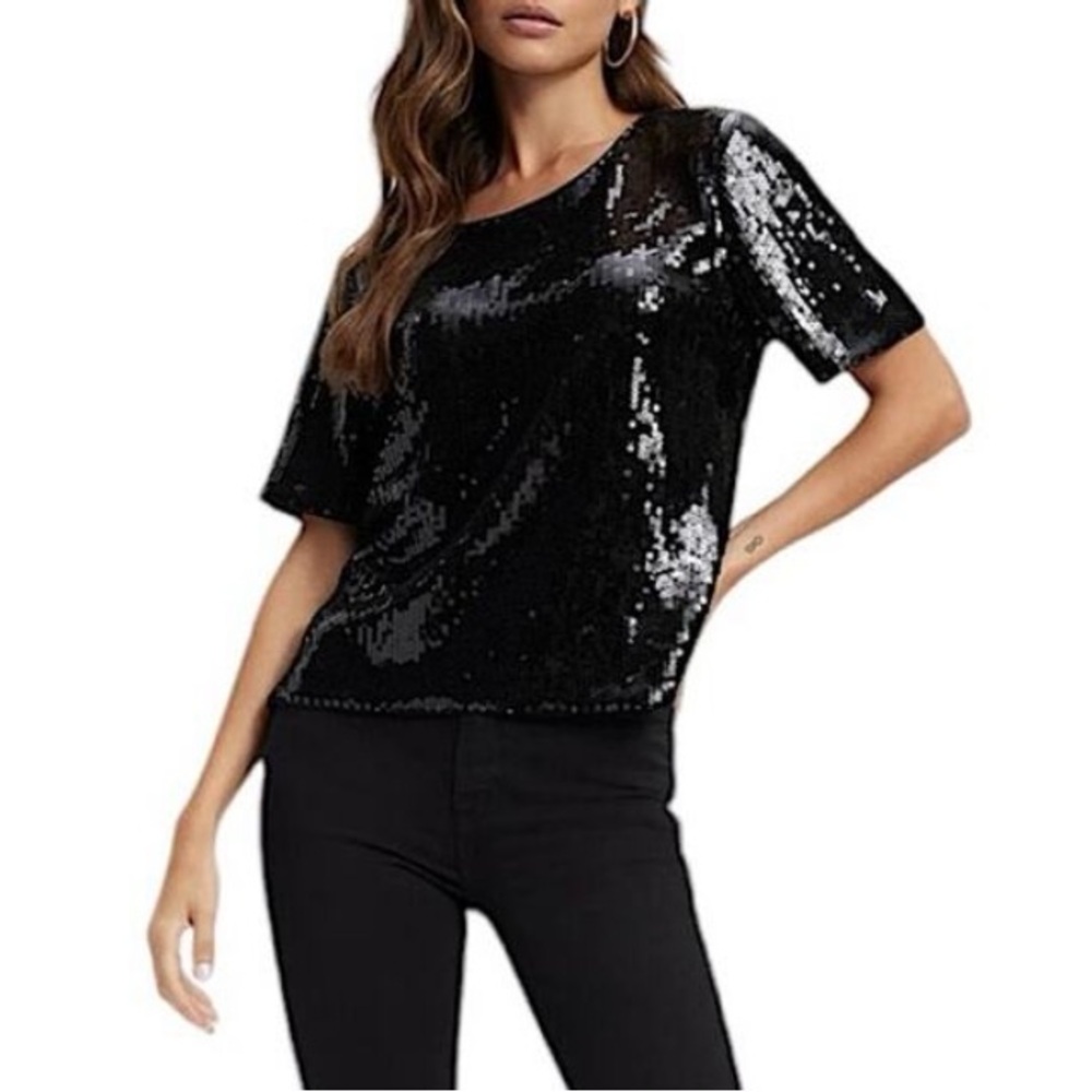 Good American Black Sequin Party Tee Size 1 Small